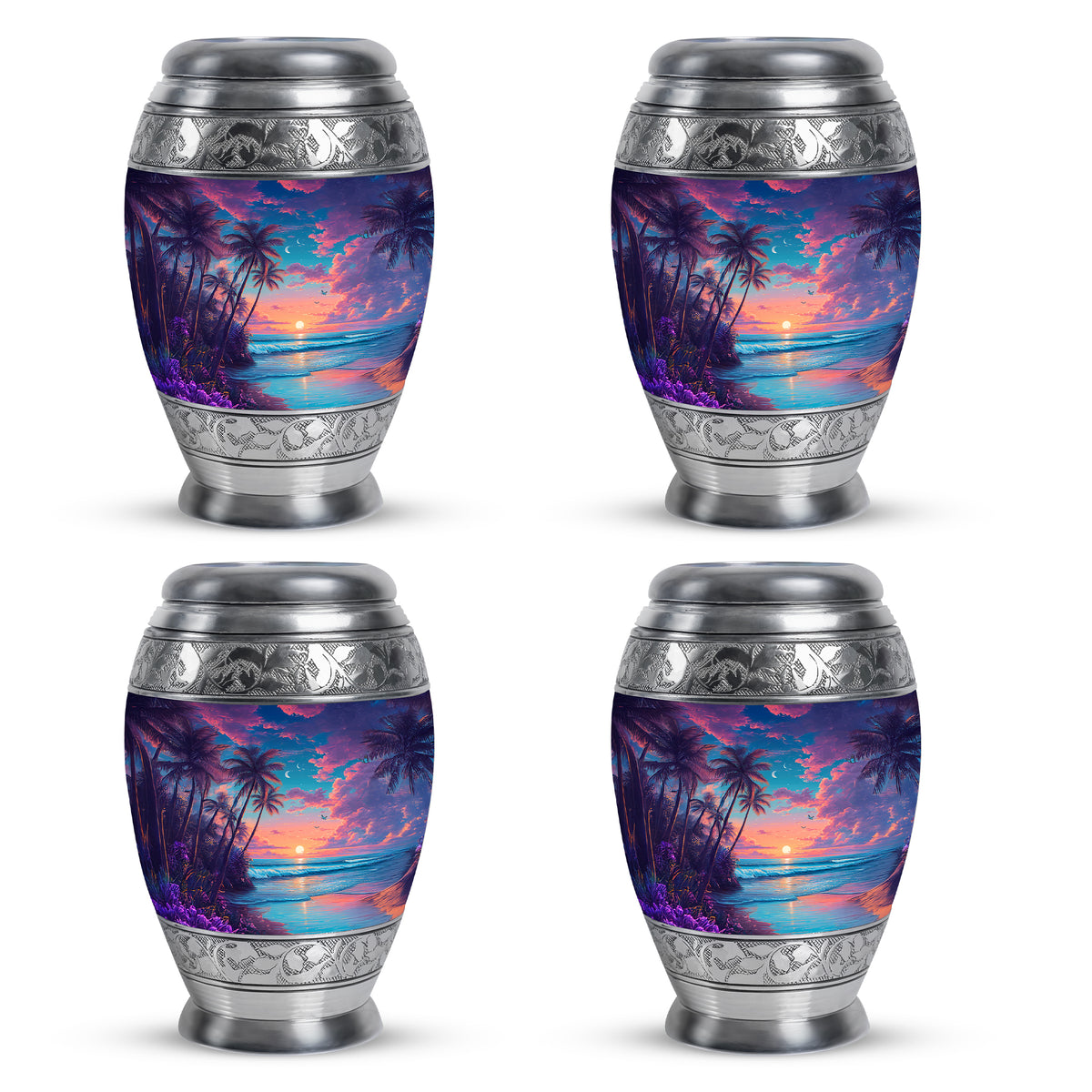 Soft Blue Beach Cremation Urn urn with complimentary velvet bag - majestic beach pattern with filigree border - 10 inch aluminum urn for cremated remains