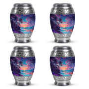 Soft Blue Beach Cremation Urn urn with complimentary velvet bag - majestic beach pattern with filigree border - 10 inch aluminum urn for cremated remains
