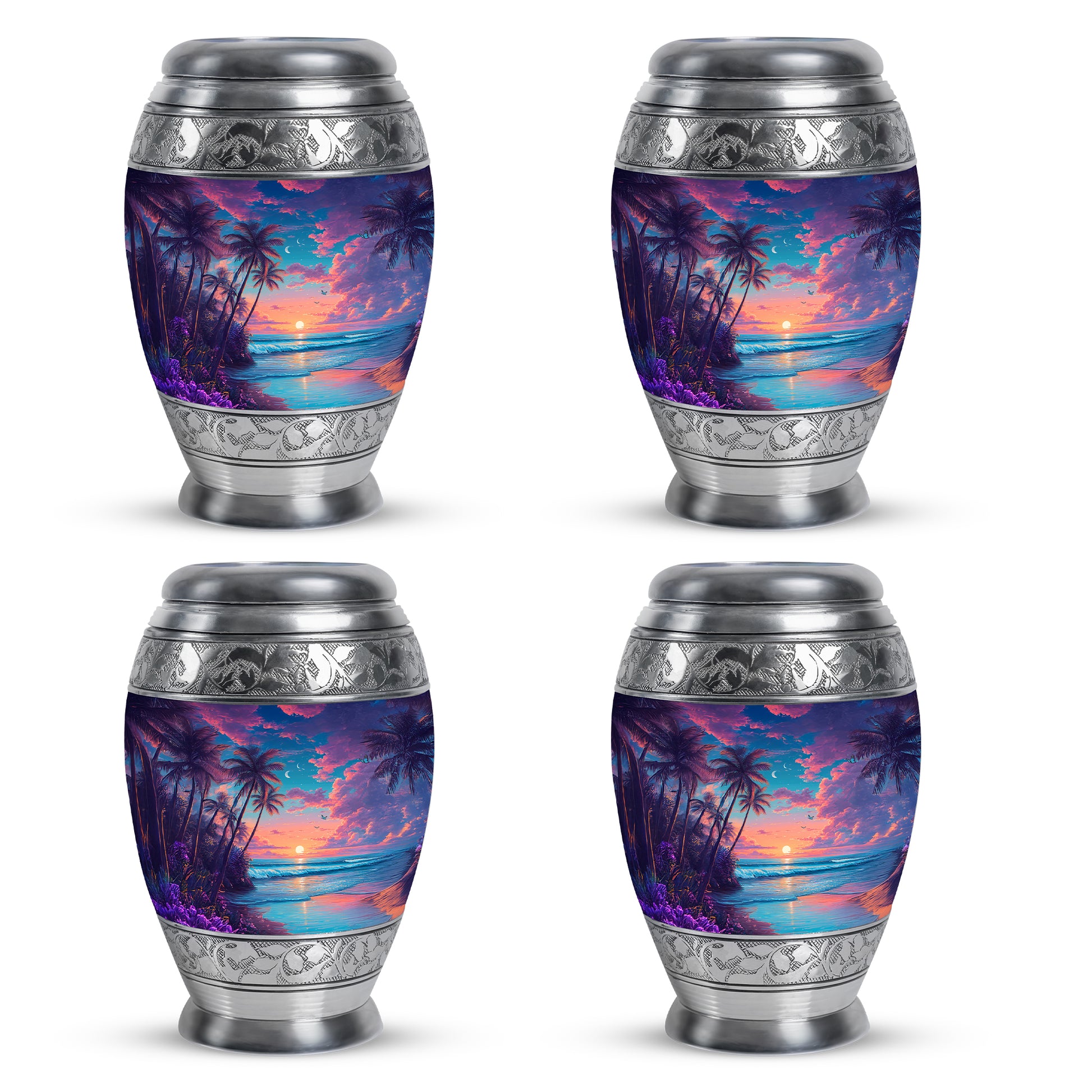 Soft Blue Beach Cremation Urn urn with complimentary velvet bag - majestic beach pattern with filigree border - 10 inch aluminum urn for cremated remains