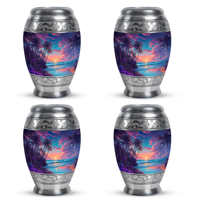 Soft Blue Beach Cremation Urn urn with complimentary velvet bag - majestic beach pattern with filigree border - 10 inch aluminum urn for cremated remains