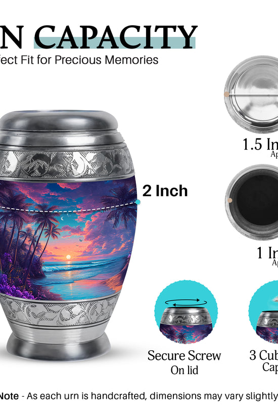 Azure Beach Cremation Urn lifestyle display on memorial shelf - ornate monarch-style beach relief on brushed aluminum - mini keepsake memorial for portion of cremation ashes