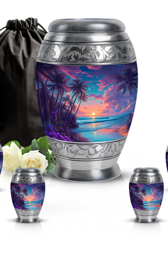 Twilight Blue Beach Cremation Urn detail view - royal beach engraving with decorative scrollwork - memorial set with one large and four small urns