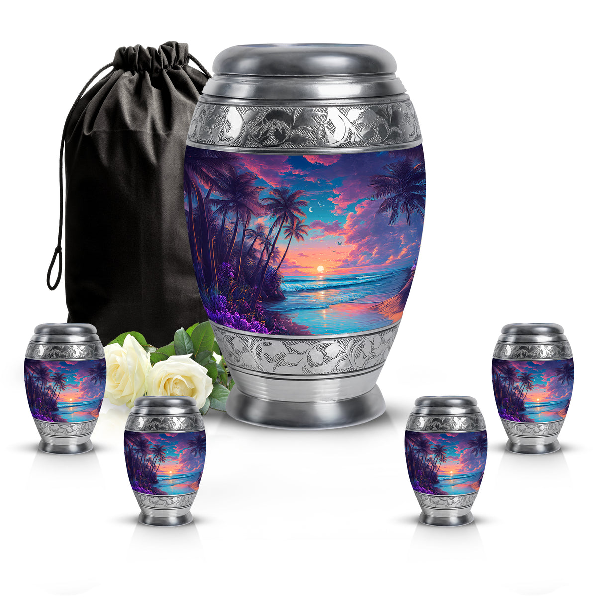 Twilight Blue Beach Cremation Urn detail view - royal beach engraving with decorative scrollwork - memorial set with one large and four small urns