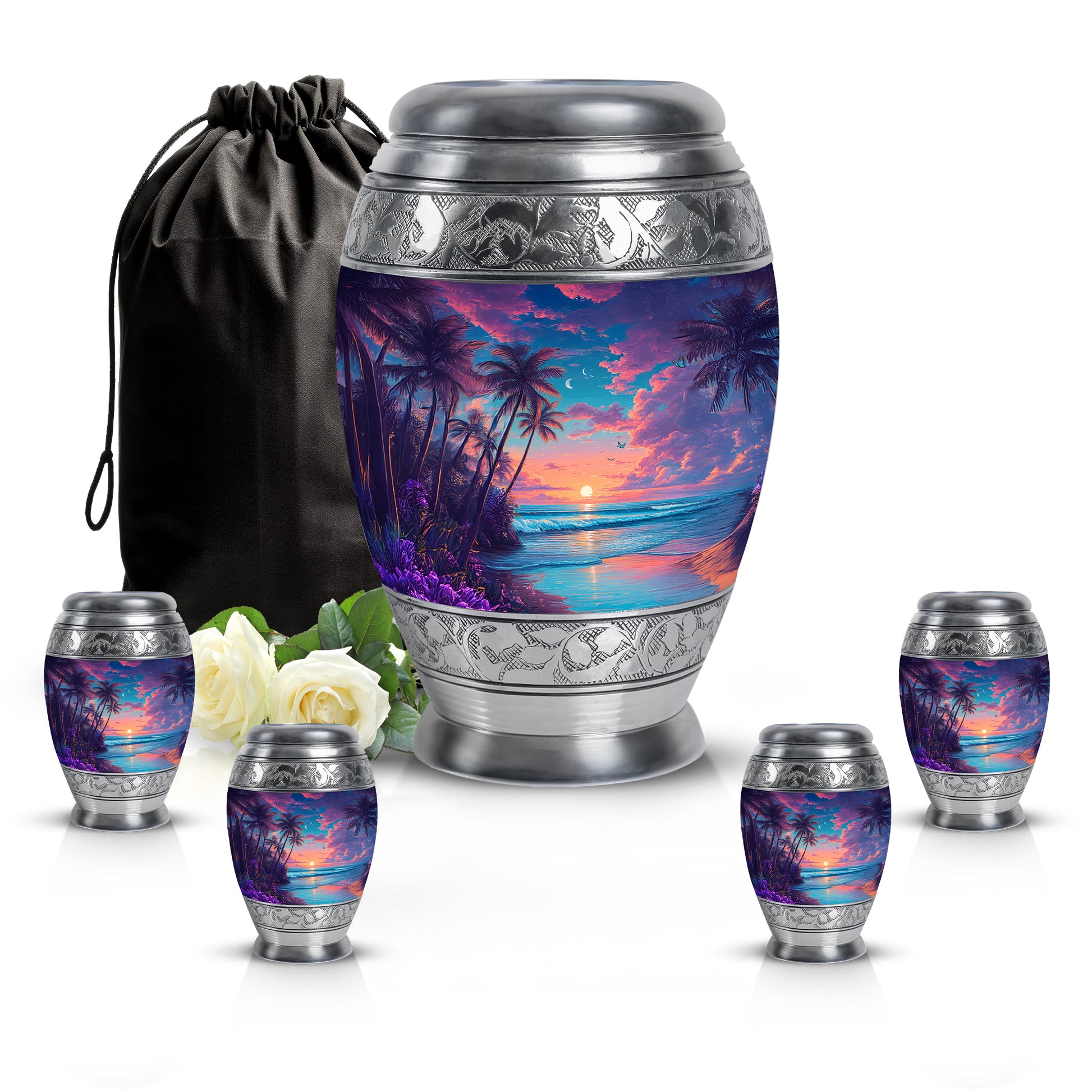 Twilight Blue Beach Cremation Urn detail view - royal beach engraving with decorative scrollwork - memorial set with one large and four small urns