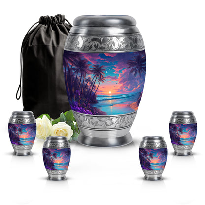 Twilight Blue Beach Cremation Urn detail view - royal beach engraving with decorative scrollwork - memorial set with one large and four small urns