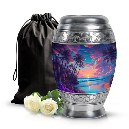 Sky Blue Beach Cremation Urn back view with polished surface - regal beach design with crown-inspired accents - full-size 10 inch 200 cubic inch adult cremation urn