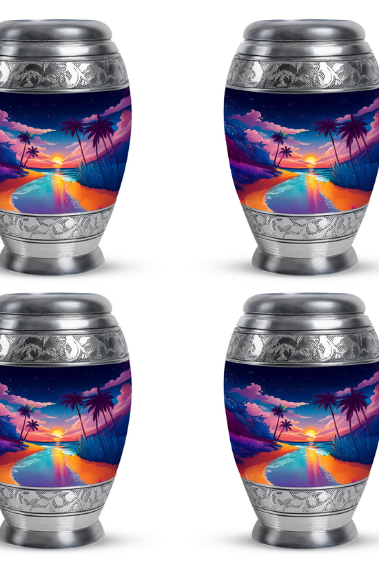 Serene Blue Beach Cremation Urn urn with complimentary velvet bag - royal beach engraving with decorative scrollwork - 10 inch aluminum urn for cremated remains