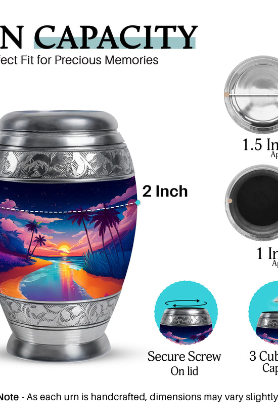 Royal Blue Beach Cremation Urn lifestyle display on memorial shelf - majestic beach pattern with filigree border - mini keepsake memorial for portion of cremation ashes