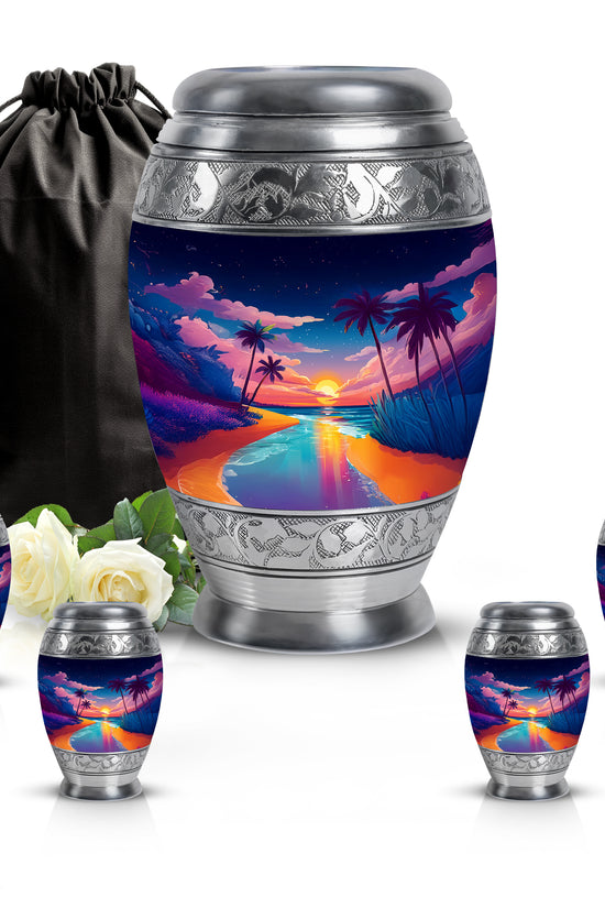 Royal Blue Beach Cremation Urn detail view - royal beach engraving with decorative scrollwork - memorial set with one large and four small urns