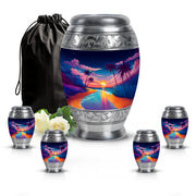 Royal Blue Beach Cremation Urn detail view - royal beach engraving with decorative scrollwork - memorial set with one large and four small urns