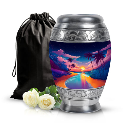 Cornflower Blue Beach Cremation Urn back view with polished surface - majestic beach pattern with filigree border - full-size 10 inch 200 cubic inch adult cremation urn