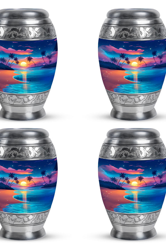 Sky Blue Beach Cremation Urn urn with complimentary velvet bag - ornate monarch-style beach relief on brushed aluminum - 10 inch aluminum urn for cremated remains