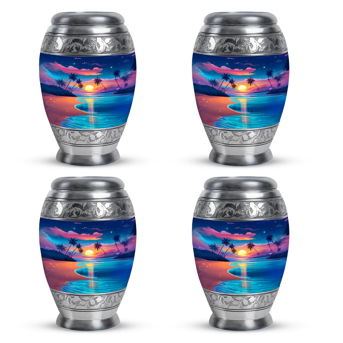 Sky Blue Beach Cremation Urn urn with complimentary velvet bag - ornate monarch-style beach relief on brushed aluminum - 10 inch aluminum urn for cremated remains