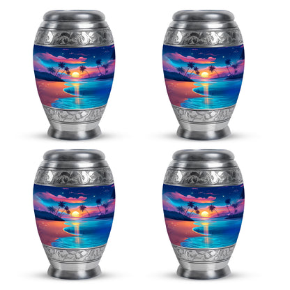 Sky Blue Beach Cremation Urn urn with complimentary velvet bag - ornate monarch-style beach relief on brushed aluminum - 10 inch aluminum urn for cremated remains