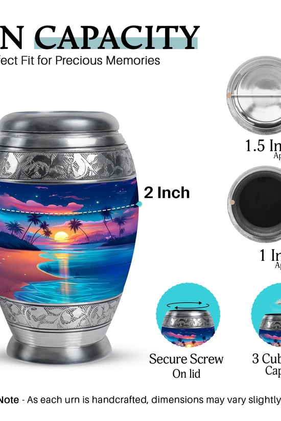 Soft Blue Beach Cremation Urn lifestyle display on memorial shelf - majestic beach pattern with filigree border - mini keepsake memorial for portion of cremation ashes