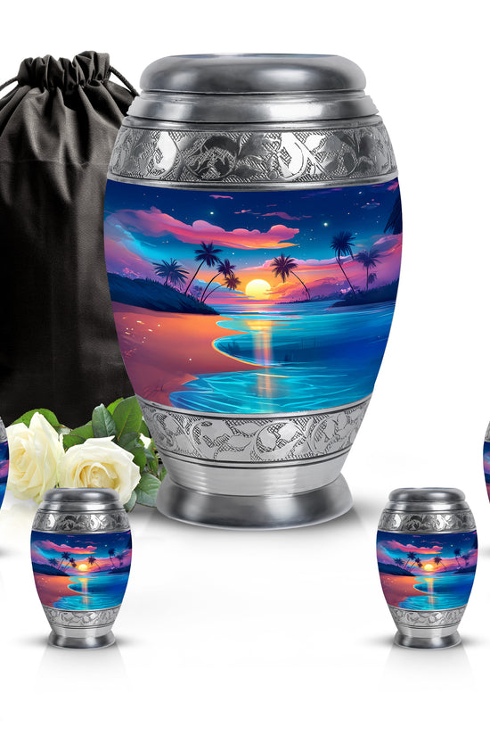 Navy Blue Beach Cremation Urn detail view - regal beach design with crown-inspired accents - memorial set with one large and four small urns