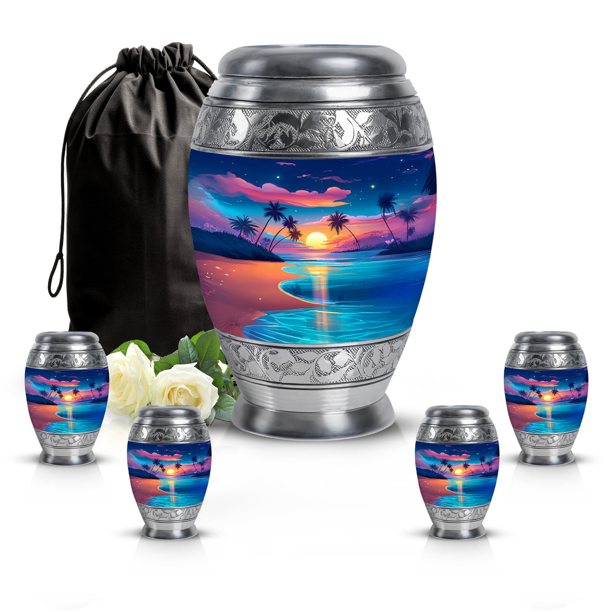 Navy Blue Beach Cremation Urn detail view - regal beach design with crown-inspired accents - memorial set with one large and four small urns