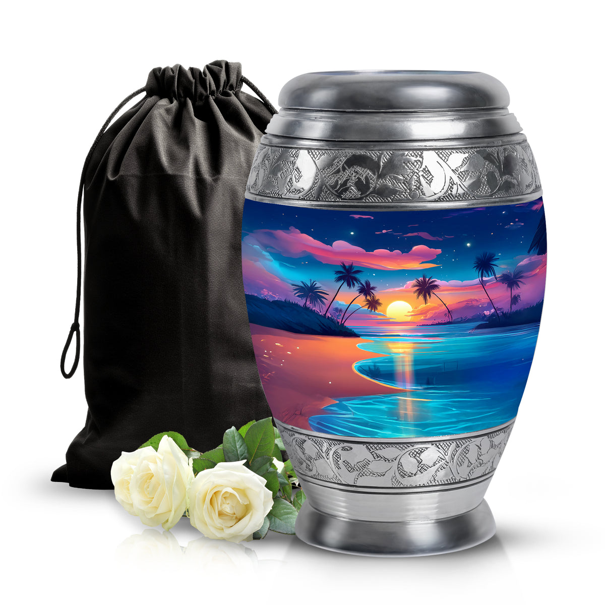 Dusty Blue Beach Cremation Urn back view with polished surface - ornate monarch-style beach relief on brushed aluminum - full-size 10 inch 200 cubic inch adult cremation urn