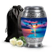 Dusty Blue Beach Cremation Urn back view with polished surface - ornate monarch-style beach relief on brushed aluminum - full-size 10 inch 200 cubic inch adult cremation urn