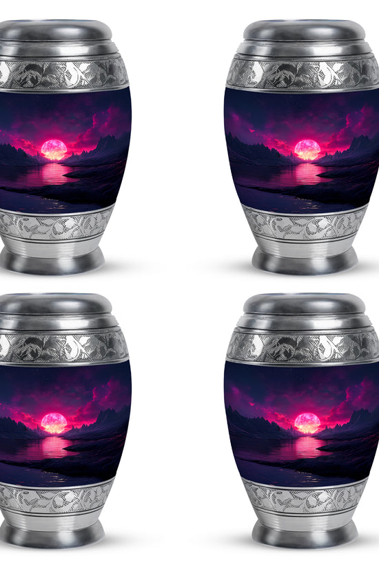 Twilight Blue Beach Cremation Urn urn with complimentary velvet bag - royal beach engraving with decorative scrollwork - 10 inch aluminum urn for cremated remains