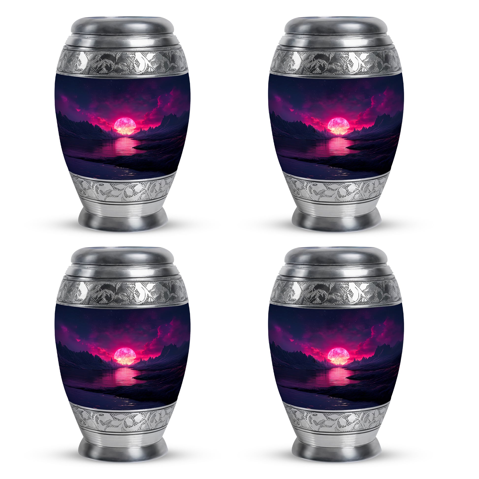 Twilight Blue Beach Cremation Urn urn with complimentary velvet bag - royal beach engraving with decorative scrollwork - 10 inch aluminum urn for cremated remains