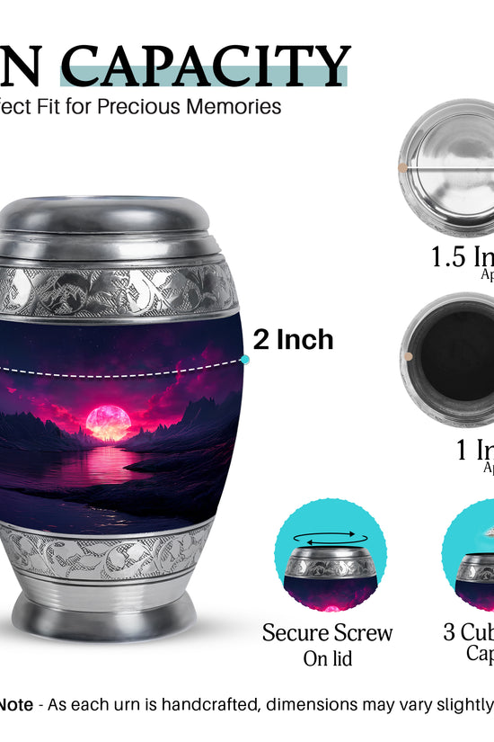 Bright Blue Beach Cremation Urn lifestyle display on memorial shelf - royal beach engraving with decorative scrollwork - mini keepsake memorial for portion of cremation ashes