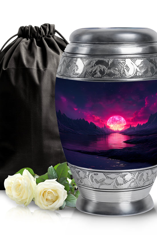 Slate Blue Beach Cremation Urn back view with polished surface - regal beach design with crown-inspired accents - full-size 10 inch 200 cubic inch adult cremation urn