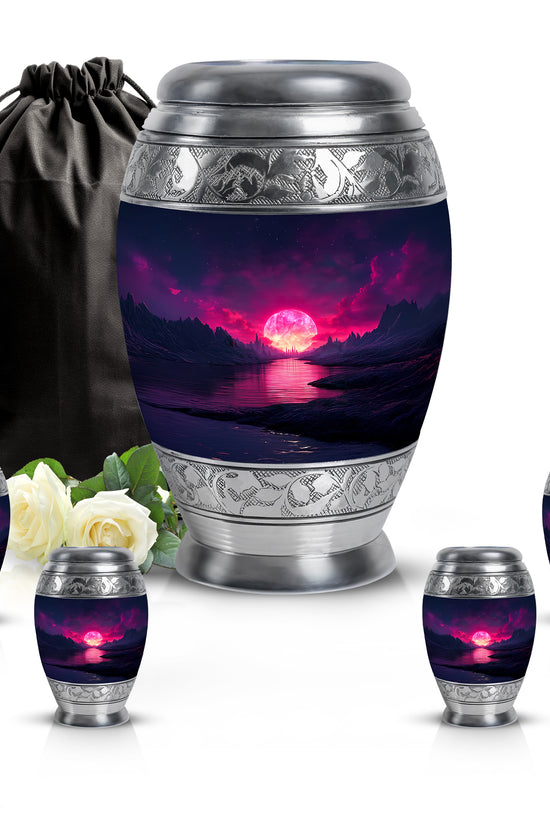 Celestial Blue Beach Cremation Urn detail view - ornate monarch-style beach relief on brushed aluminum - memorial set with one large and four small urns