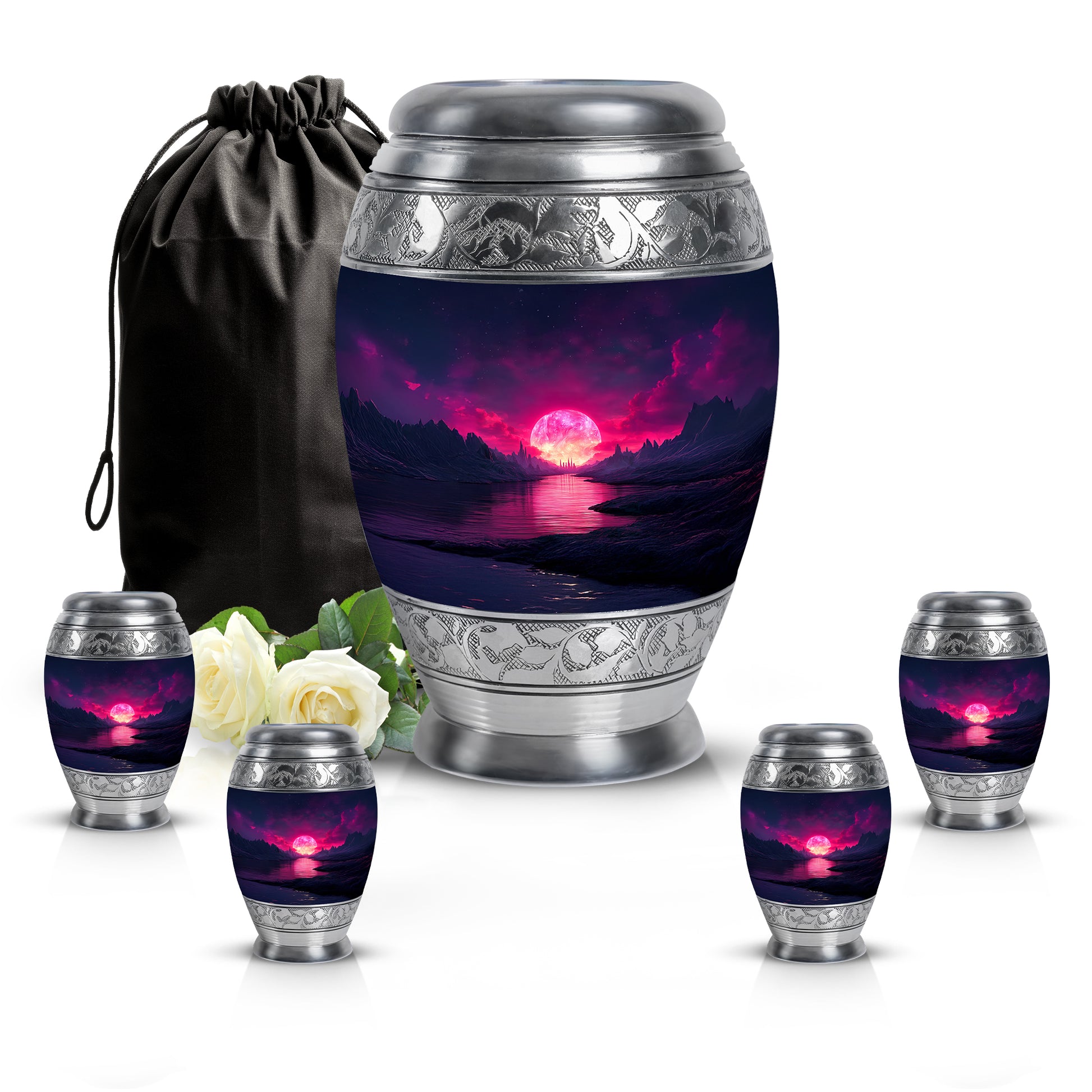 Celestial Blue Beach Cremation Urn detail view - ornate monarch-style beach relief on brushed aluminum - memorial set with one large and four small urns