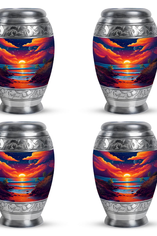 Sapphire Blue Beach Cremation Urn urn with complimentary velvet bag - majestic beach pattern with filigree border - 10 inch aluminum urn for cremated remains