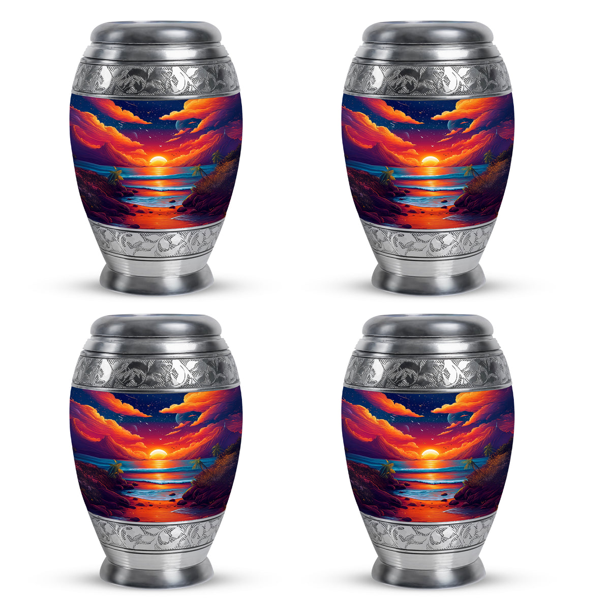 Sapphire Blue Beach Cremation Urn urn with complimentary velvet bag - majestic beach pattern with filigree border - 10 inch aluminum urn for cremated remains