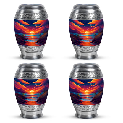 Sapphire Blue Beach Cremation Urn urn with complimentary velvet bag - majestic beach pattern with filigree border - 10 inch aluminum urn for cremated remains