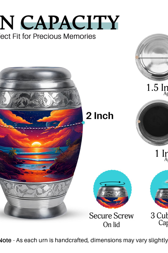 Royal Blue Beach Cremation Urn lifestyle display on memorial shelf - majestic beach pattern with filigree border - mini keepsake memorial for portion of cremation ashes