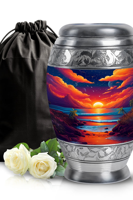 Soft Blue Beach Cremation Urn back view with polished surface - majestic beach pattern with filigree border - full-size 10 inch 200 cubic inch adult cremation urn