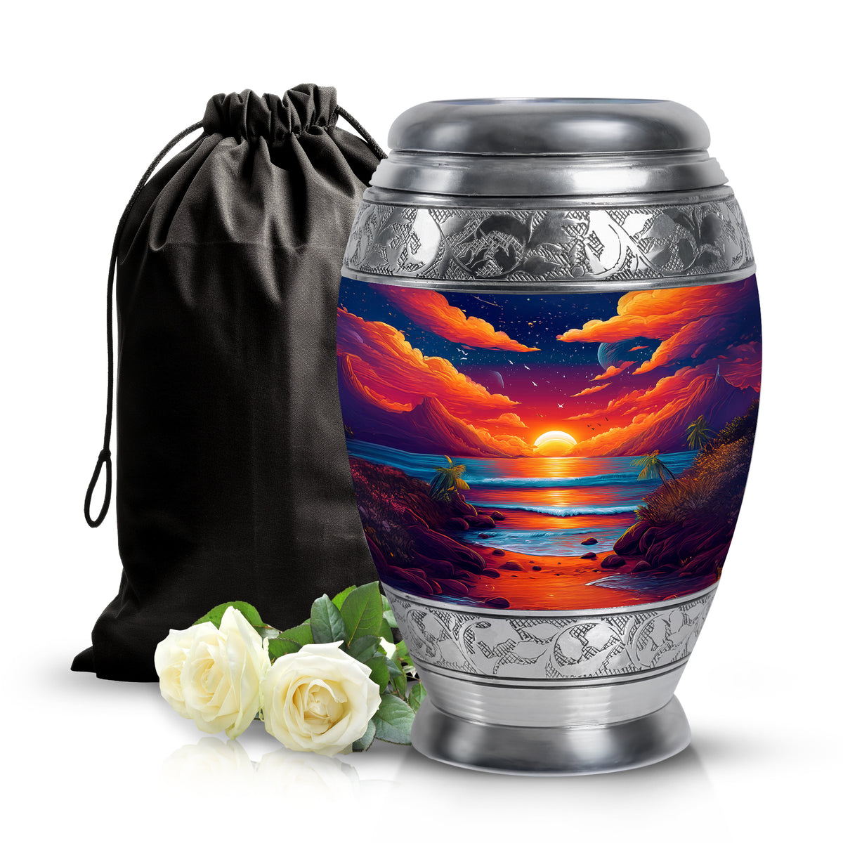 Soft Blue Beach Cremation Urn back view with polished surface - majestic beach pattern with filigree border - full-size 10 inch 200 cubic inch adult cremation urn