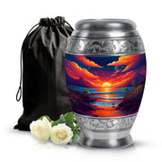 Soft Blue Beach Cremation Urn back view with polished surface - majestic beach pattern with filigree border - full-size 10 inch 200 cubic inch adult cremation urn