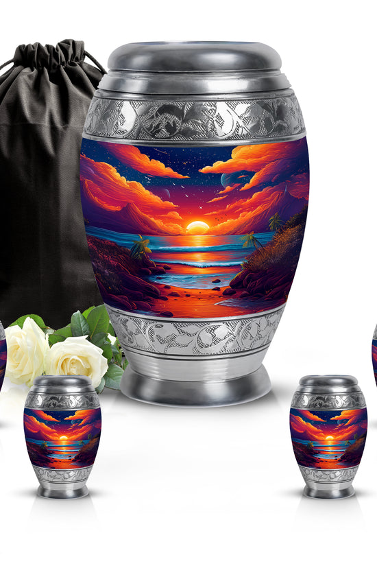 Indigo Beach Cremation Urn detail view - ornate monarch-style beach relief on brushed aluminum - memorial set with one large and four small urns