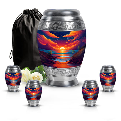 Indigo Beach Cremation Urn detail view - ornate monarch-style beach relief on brushed aluminum - memorial set with one large and four small urns