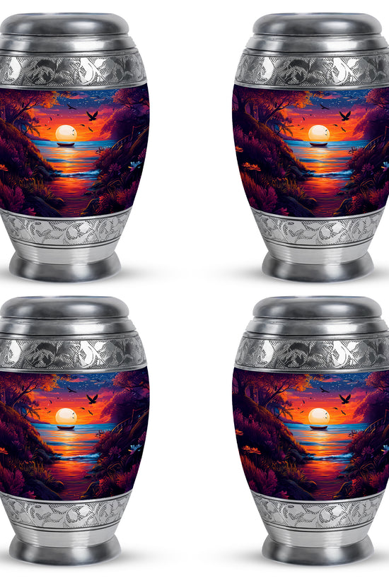 Calming Blue Beach Cremation Urn urn with complimentary velvet bag - majestic beach pattern with filigree border - 10 inch aluminum urn for cremated remains