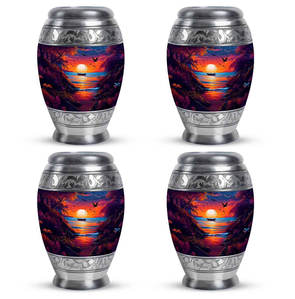 Calming Blue Beach Cremation Urn urn with complimentary velvet bag - majestic beach pattern with filigree border - 10 inch aluminum urn for cremated remains