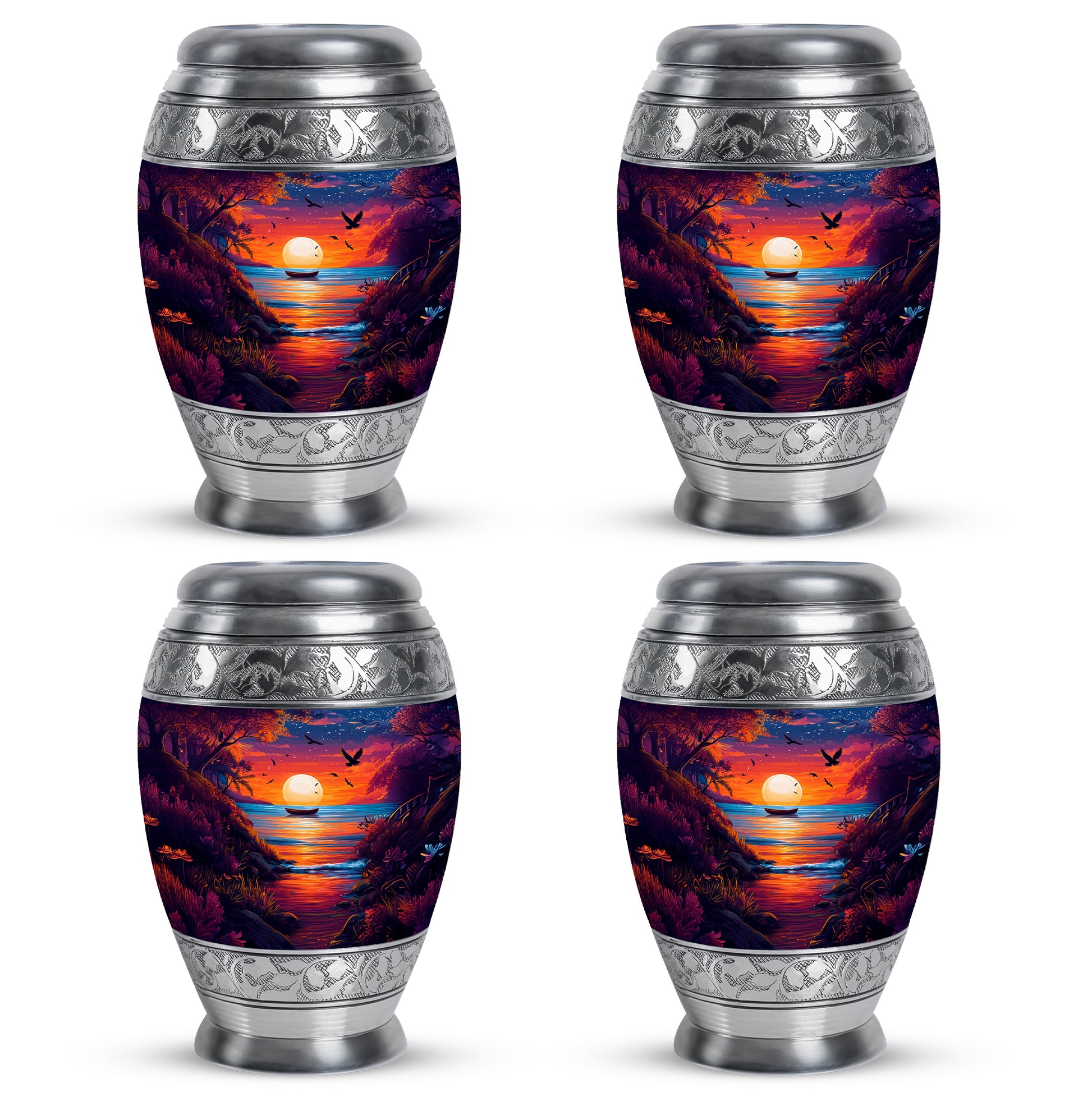 Calming Blue Beach Cremation Urn urn with complimentary velvet bag - majestic beach pattern with filigree border - 10 inch aluminum urn for cremated remains