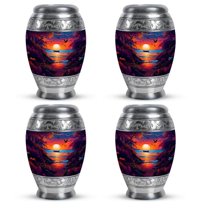 Calming Blue Beach Cremation Urn urn with complimentary velvet bag - majestic beach pattern with filigree border - 10 inch aluminum urn for cremated remains