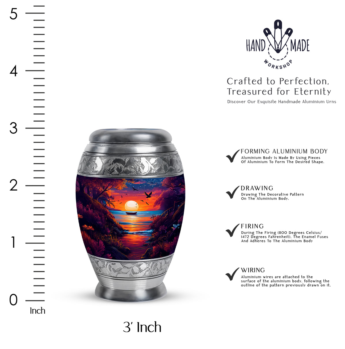 Serene Blue Beach Cremation Urn lifestyle display on memorial shelf - royal beach engraving with decorative scrollwork - mini keepsake memorial for portion of cremation ashes