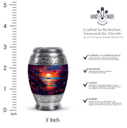 Serene Blue Beach Cremation Urn lifestyle display on memorial shelf - royal beach engraving with decorative scrollwork - mini keepsake memorial for portion of cremation ashes