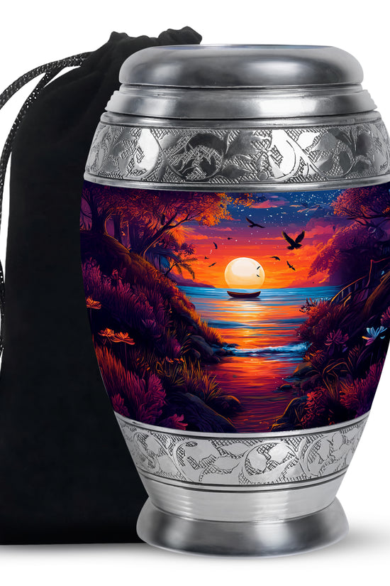 Pastel Blue Beach Cremation Urn back view with polished surface - regal beach design with crown-inspired accents - full-size 10 inch 200 cubic inch adult cremation urn