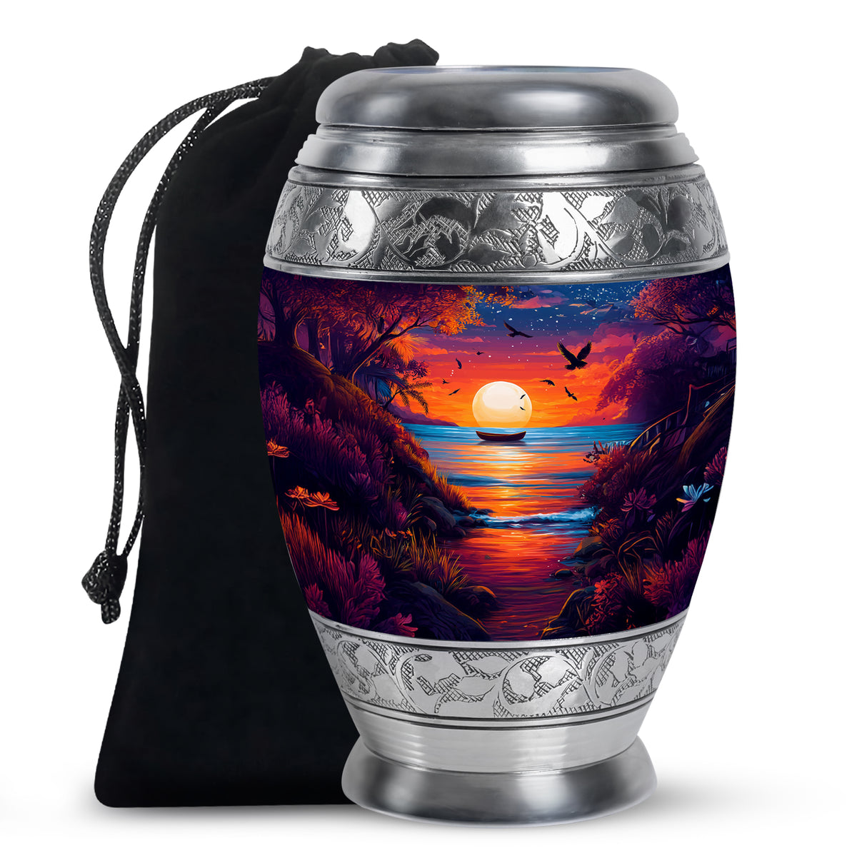 Pastel Blue Beach Cremation Urn back view with polished surface - regal beach design with crown-inspired accents - full-size 10 inch 200 cubic inch adult cremation urn
