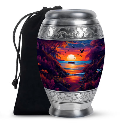 Pastel Blue Beach Cremation Urn back view with polished surface - regal beach design with crown-inspired accents - full-size 10 inch 200 cubic inch adult cremation urn
