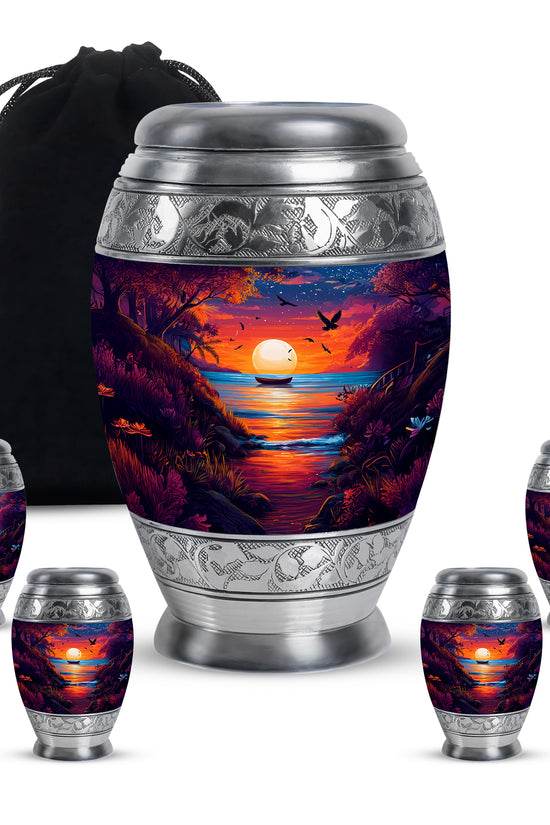 Serene Blue Beach Cremation Urn detail view - majestic beach pattern with filigree border - memorial set with one large and four small urns