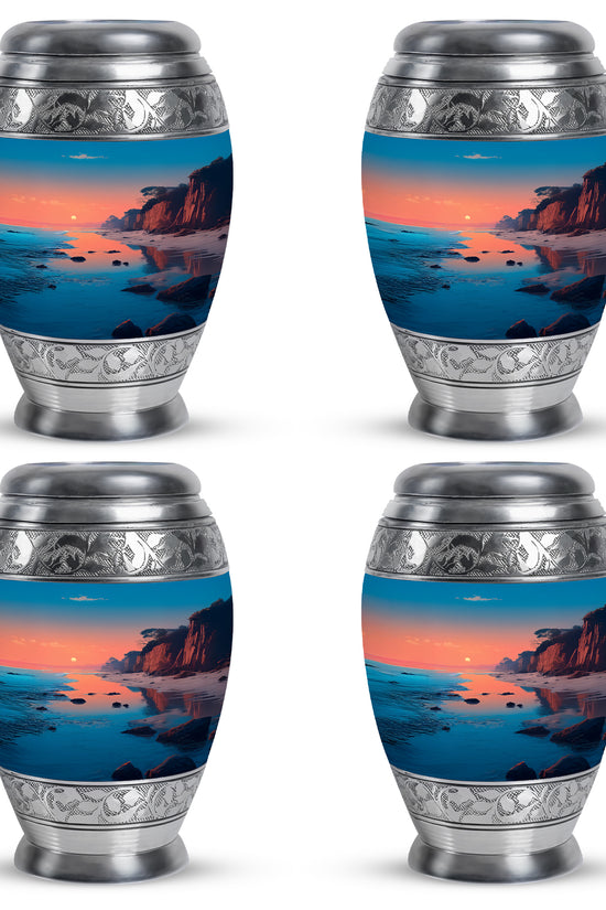Soft Teal Beach Cremation Urn urn with complimentary velvet bag - ornate monarch-style beach relief on brushed aluminum - 10 inch aluminum urn for cremated remains