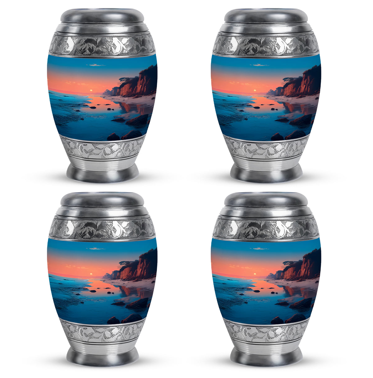 Soft Teal Beach Cremation Urn urn with complimentary velvet bag - ornate monarch-style beach relief on brushed aluminum - 10 inch aluminum urn for cremated remains